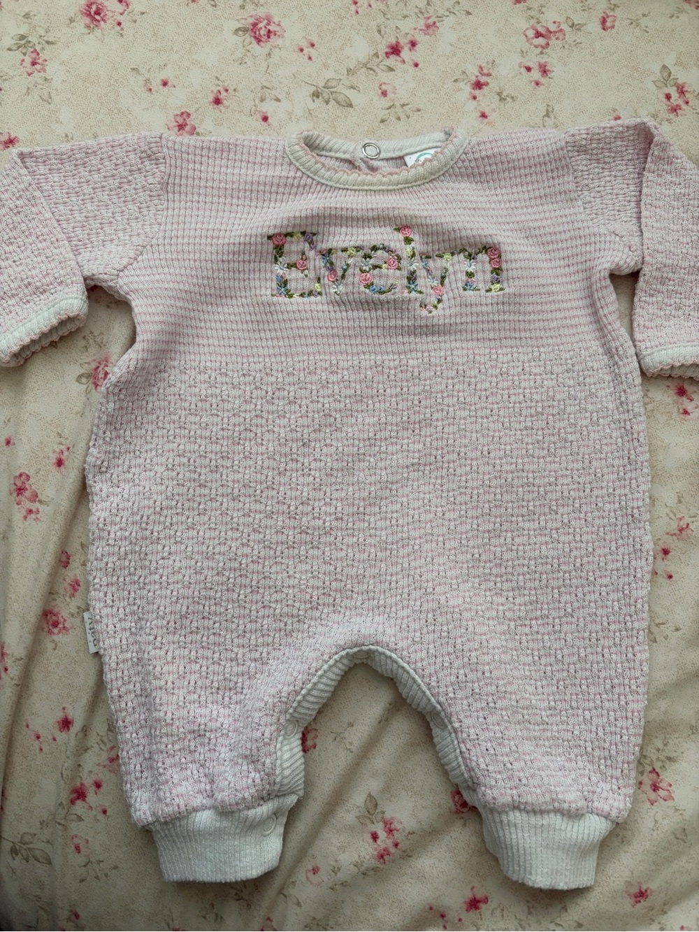 Paty Light Pink Knit Baby One-Piece Bodysuit with Floral 'Evelyn' Applique